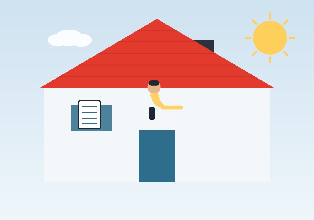 Illustration of a Duratech inspector checking a Houston home's shingle roof